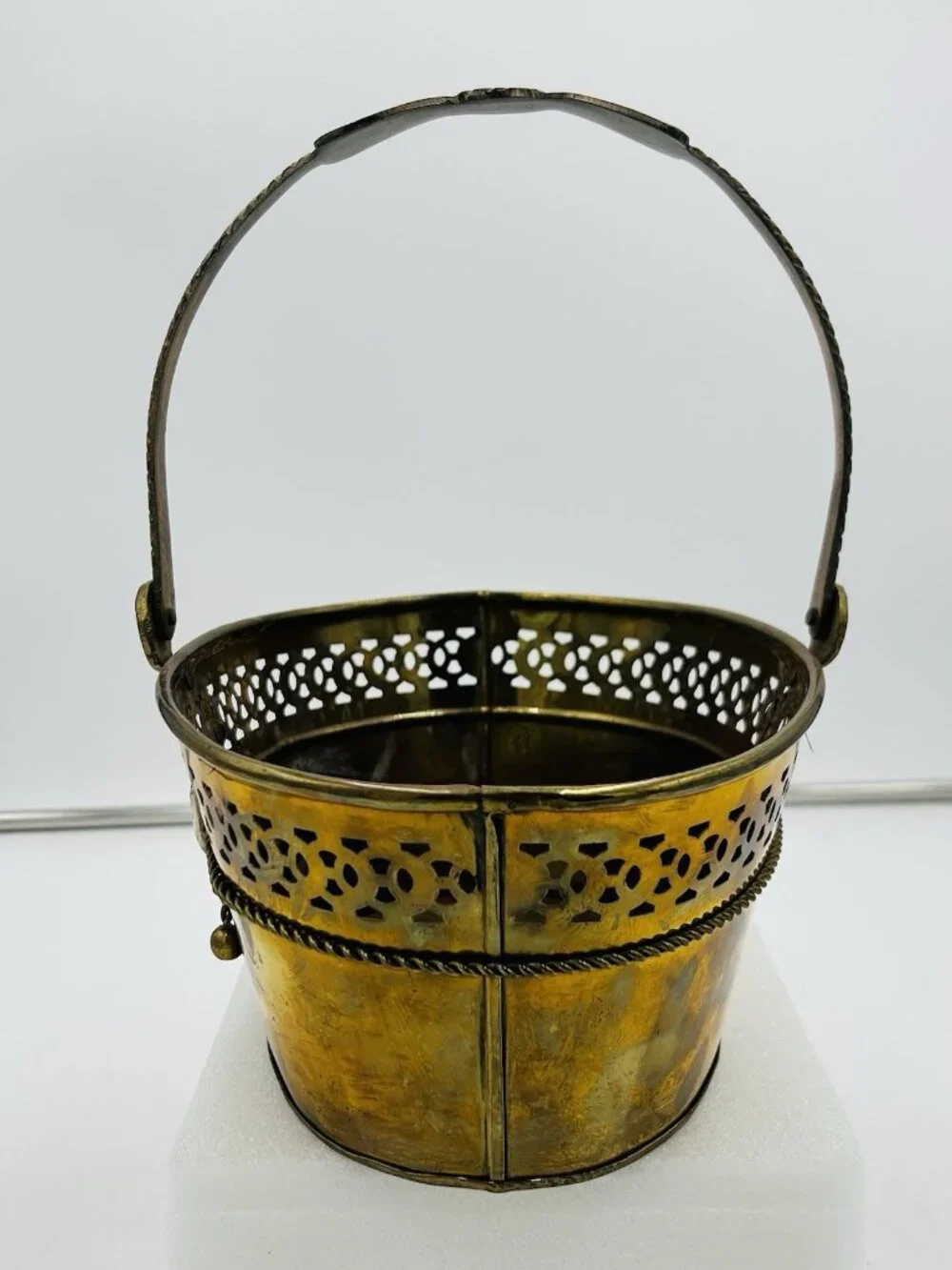 Vintage Solid Brass Basket Pierced Planter Twisted Rope Bow Tassels with Handle